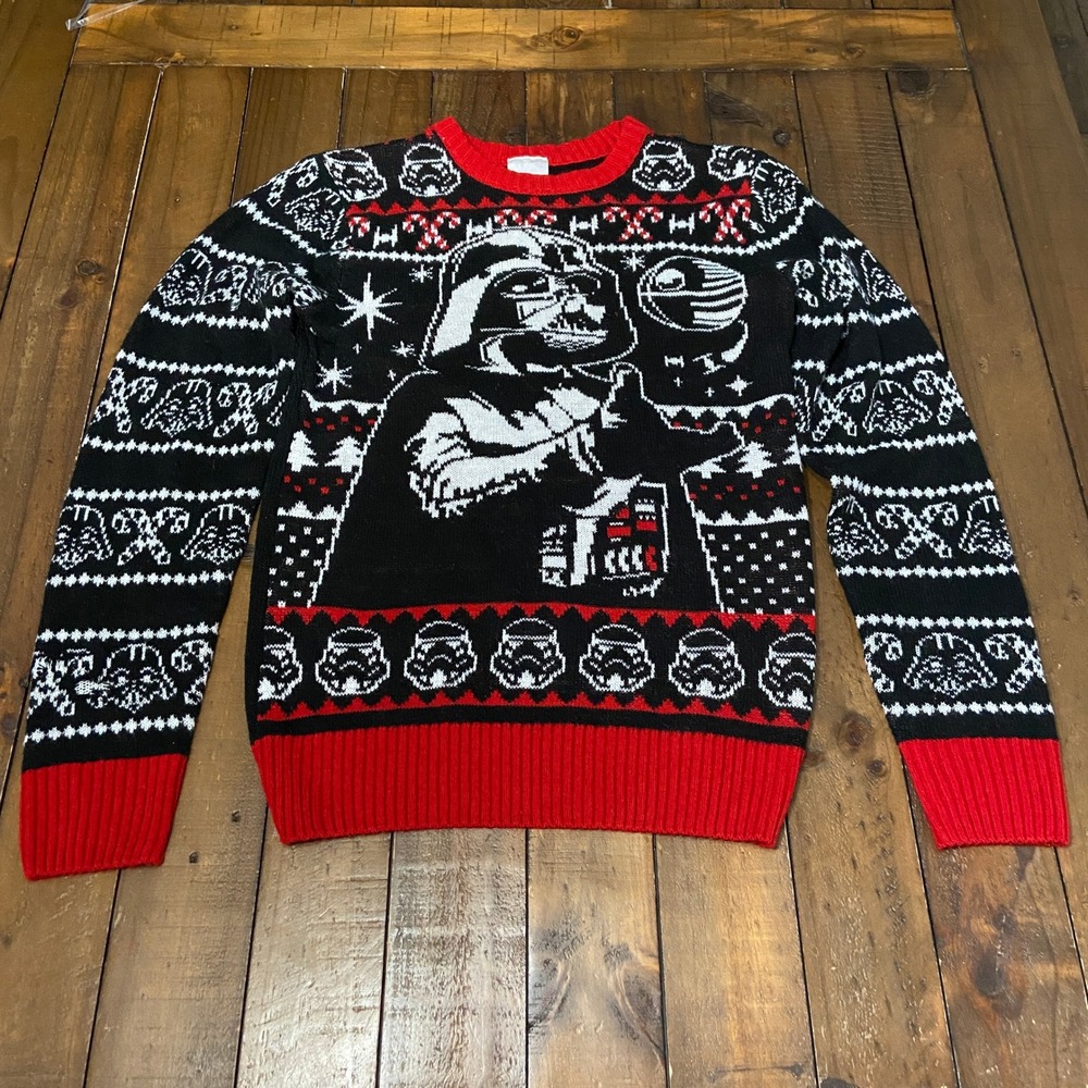Star Wars Darth Vader Christmas Sweater Mens Large Black Red Fair Isle Knit